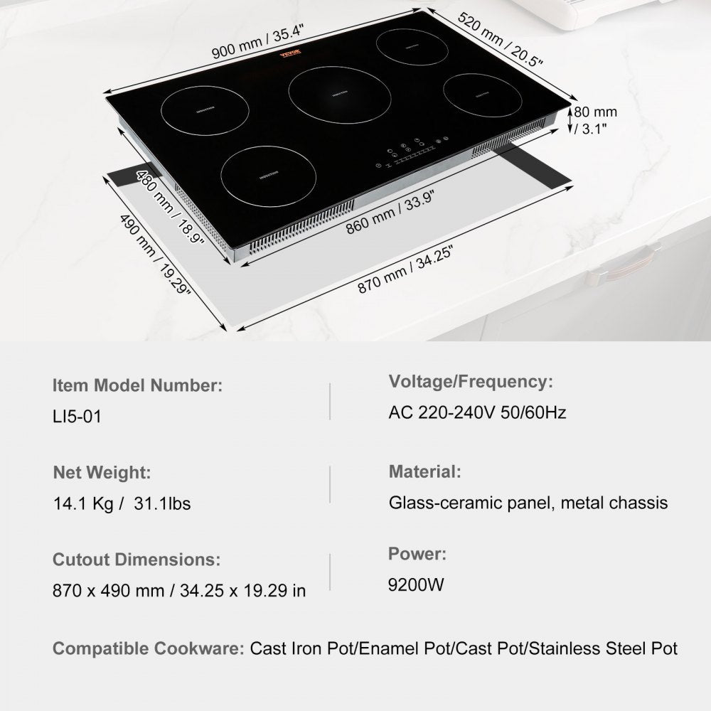 LI5-01 - 36" VEVOR Induction Cooktop with Child Safety Lock and Fast Heating