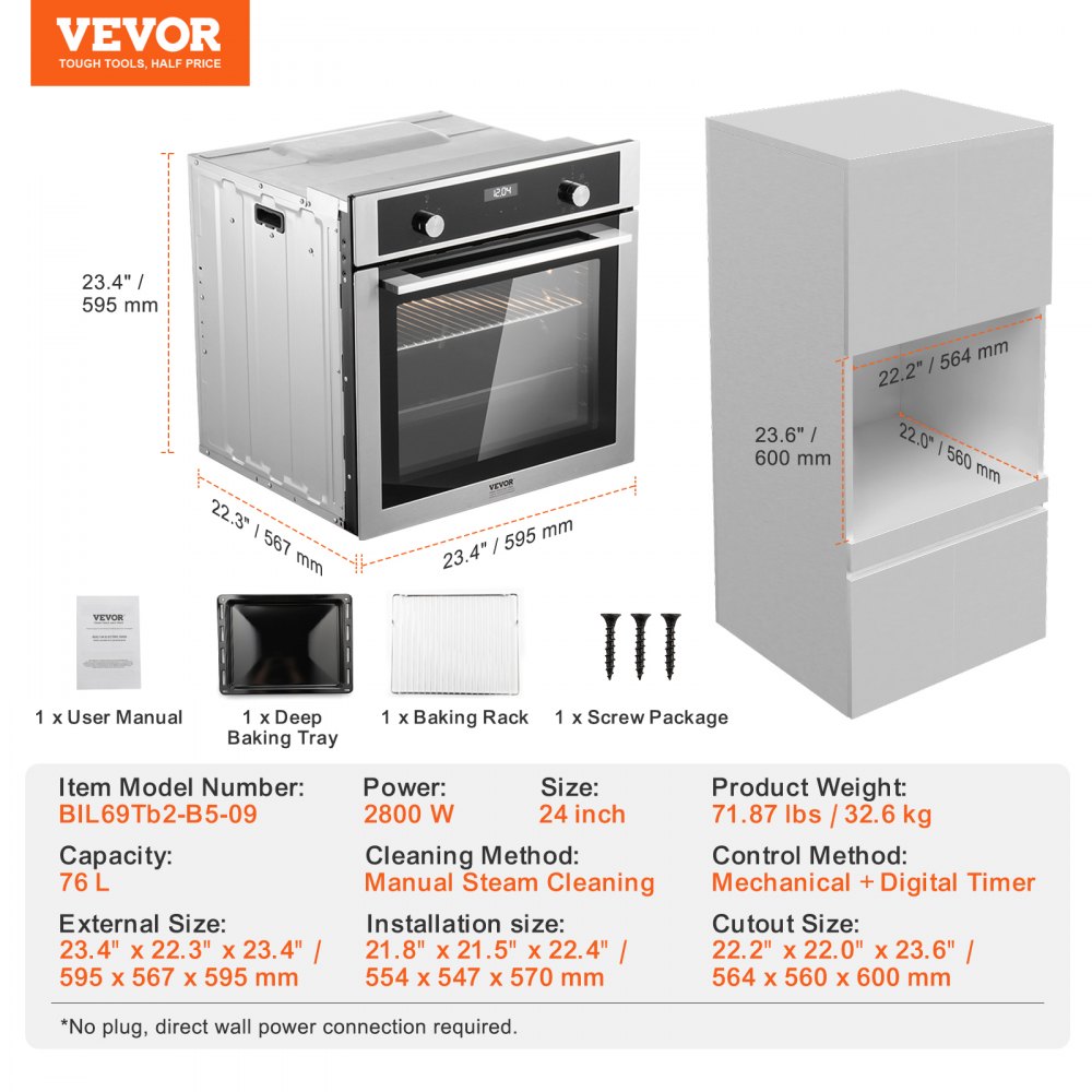 BIL69Tb2-B5-09 - 76L Multifunctional Electric Wall Oven with 9 Functions