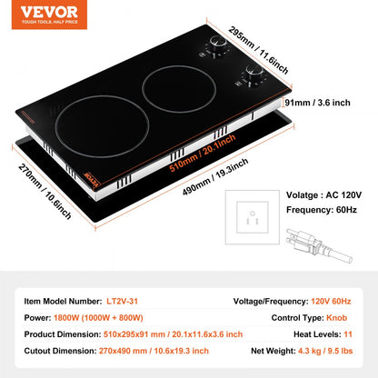 LT2V-31 - 2-Burner 20.1x11.6" Built-In Electric Cooktop with Knob Control