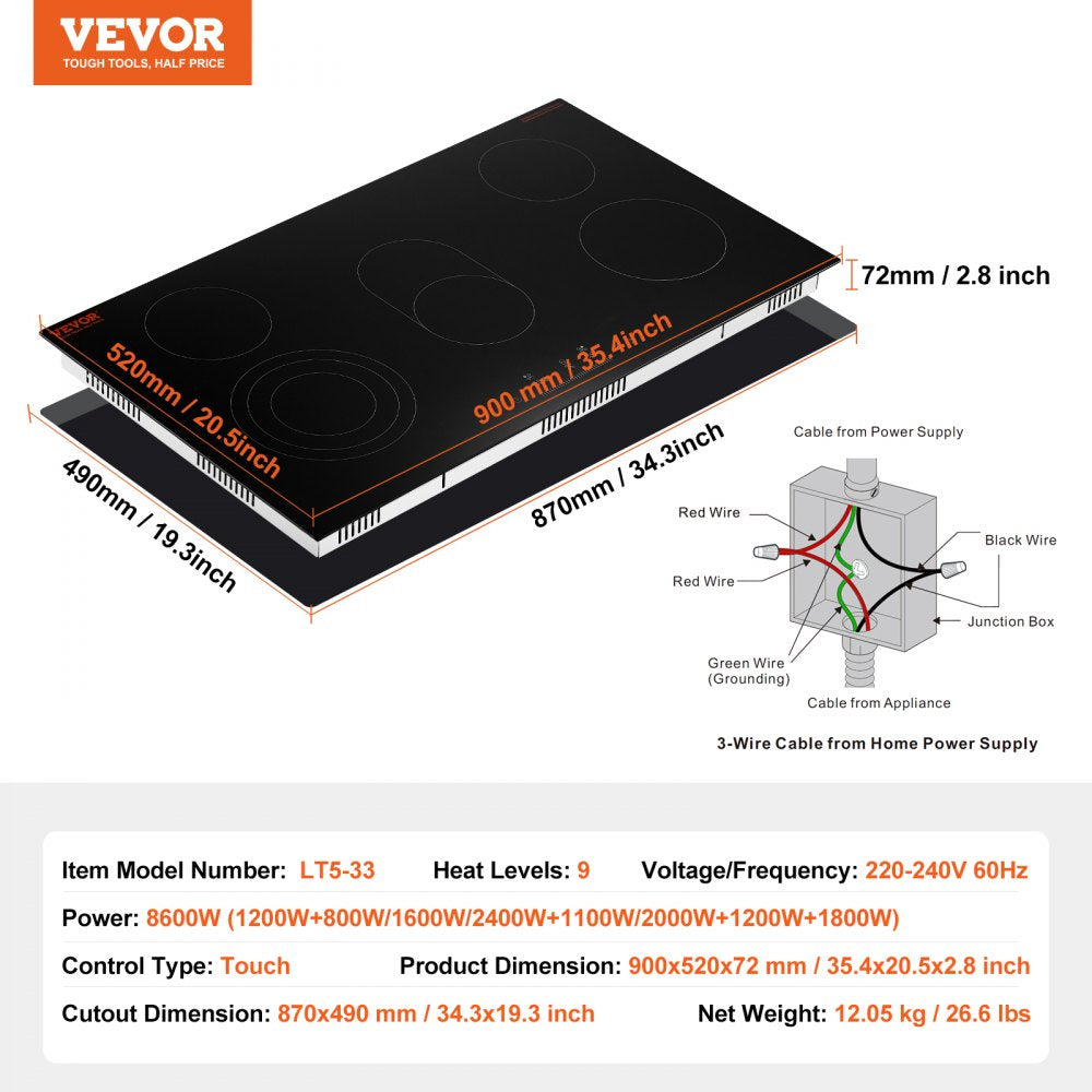 LT5-33 - 5-Burner Built-in Electric Cooktop with Slider Controls, 35.4"x20.5"