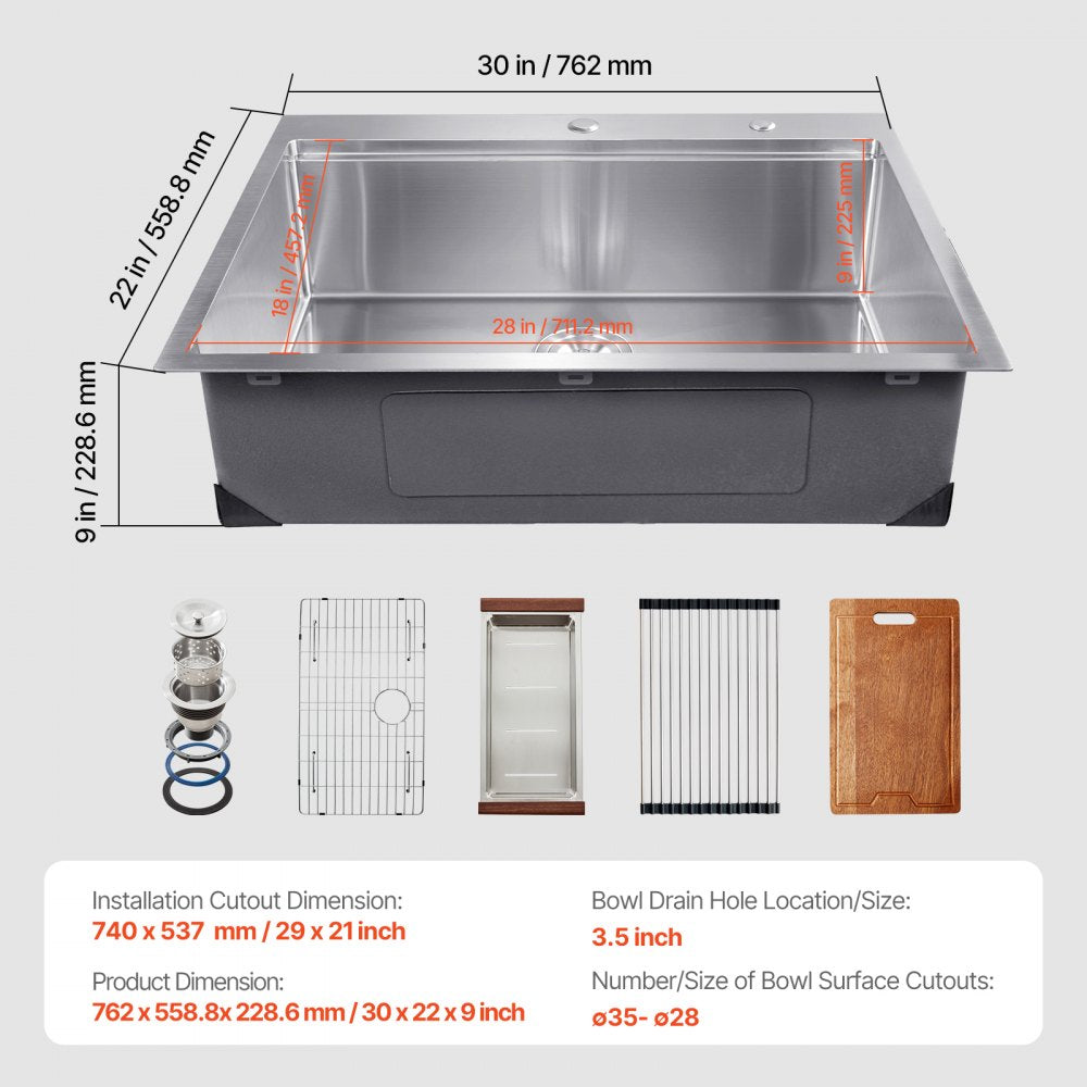 T302209RS1 - 30x22" Stainless Steel Drop-In Sink with Workstation Design