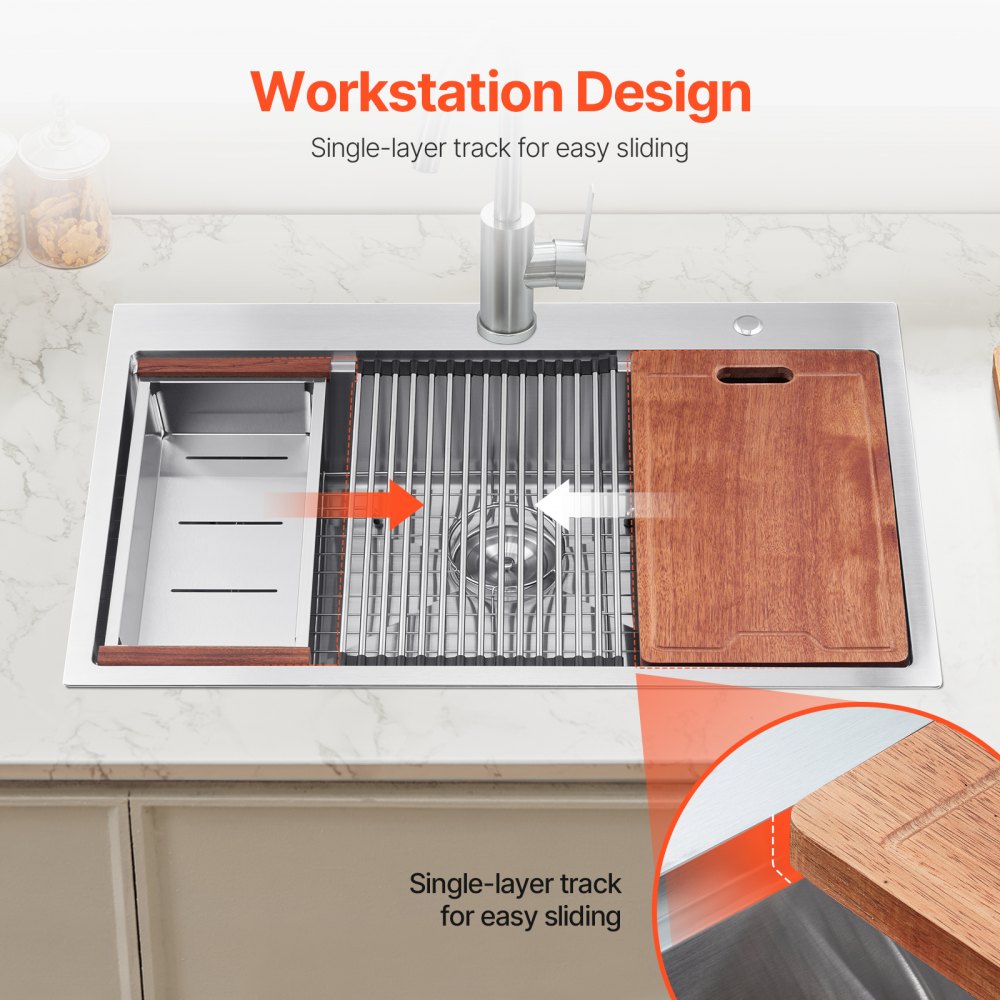 T332209RS1 - 33x22" Stainless Steel Drop-In Kitchen Sink Workstation