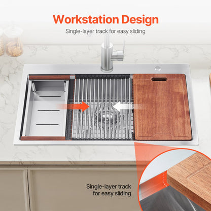 T332209RS1 - 33x22" Stainless Steel Drop-In Kitchen Sink Workstation