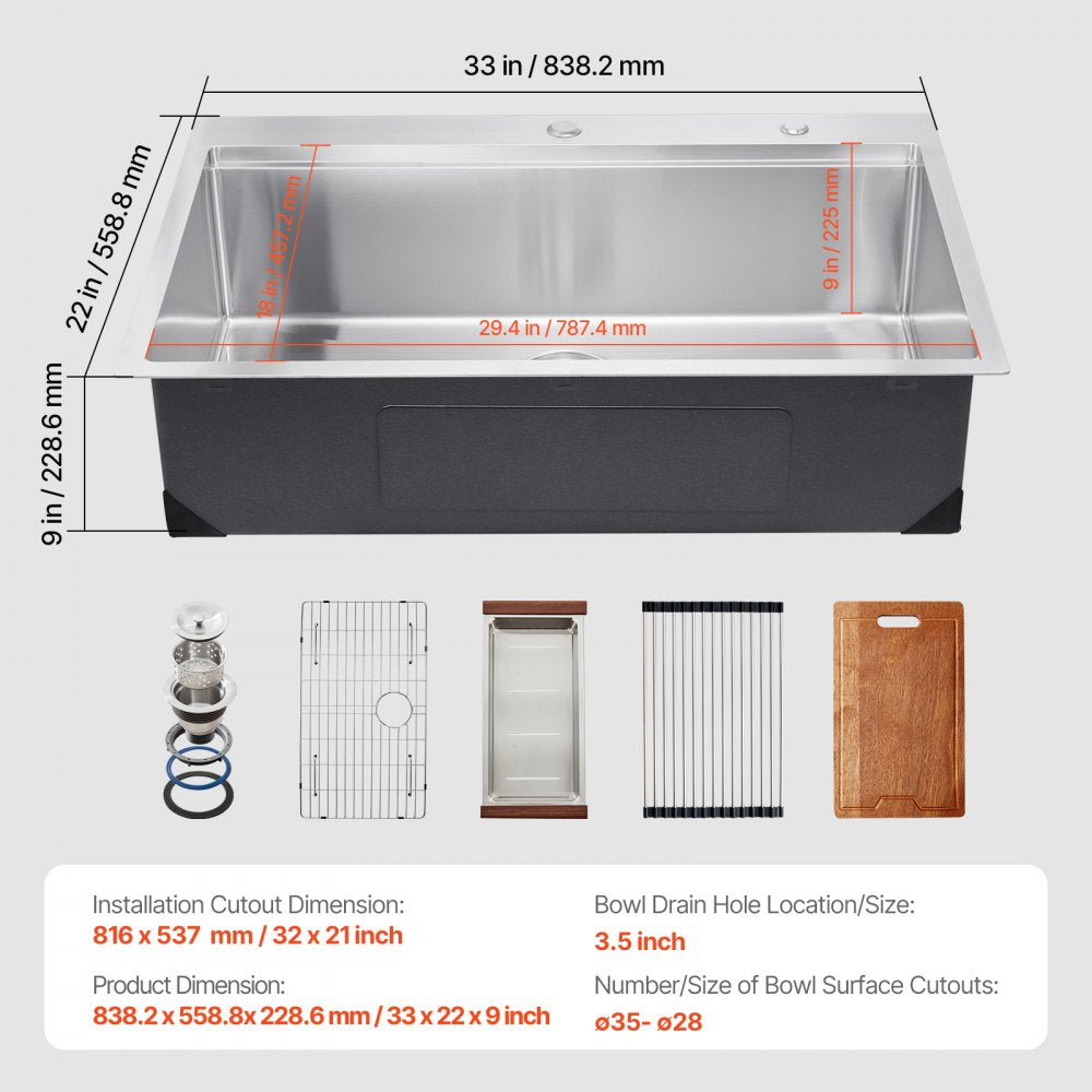 T332209RS1 - 33x22" Stainless Steel Drop-In Kitchen Sink Workstation