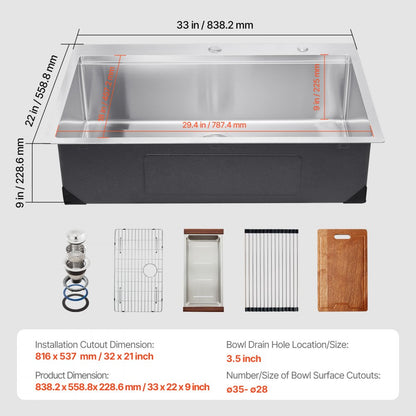 T332209RS1 - 33x22" Stainless Steel Drop-In Kitchen Sink Workstation