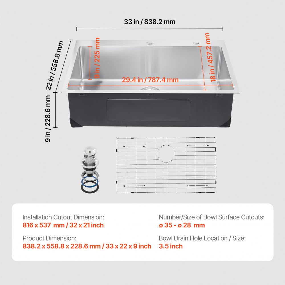 T332209RS0 - 33x22" Stainless Steel Kitchen Sink with Noise Reduction