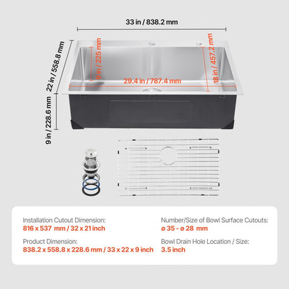 T332209RS0 - 33x22" Stainless Steel Kitchen Sink with Noise Reduction