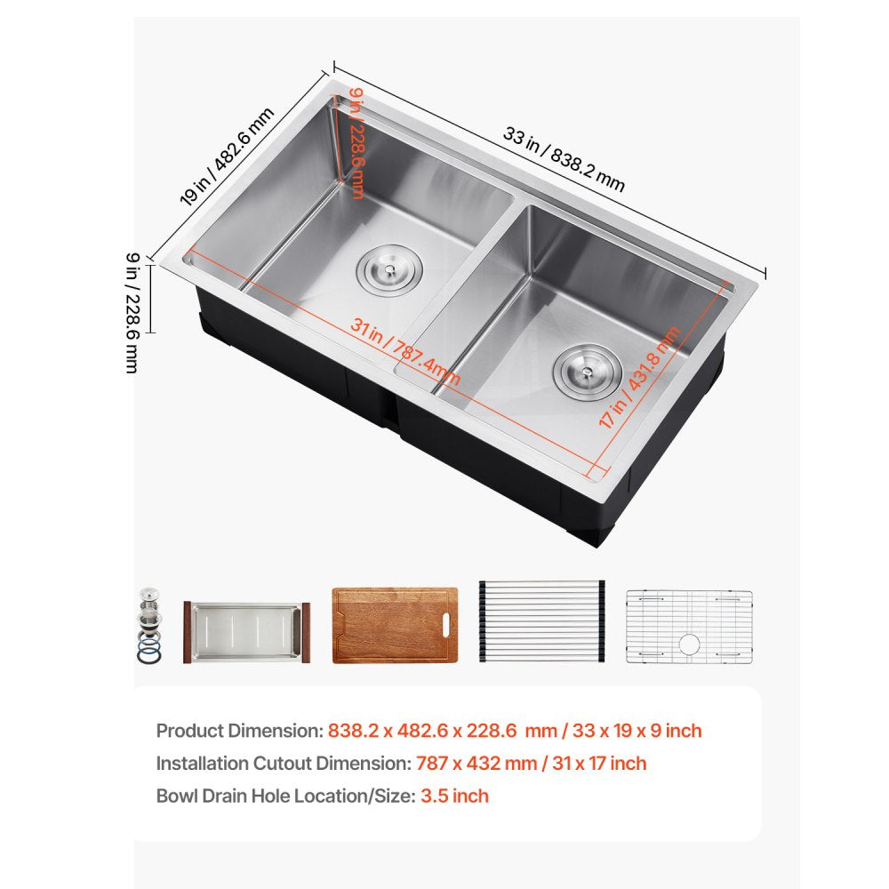 U331909RS1A - 33x19" Stainless Steel Double Bowl Sink Workstation with Rack