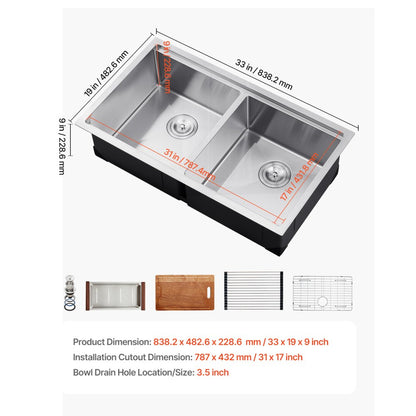U331909RS1A - 33x19" Stainless Steel Double Bowl Sink Workstation with Rack