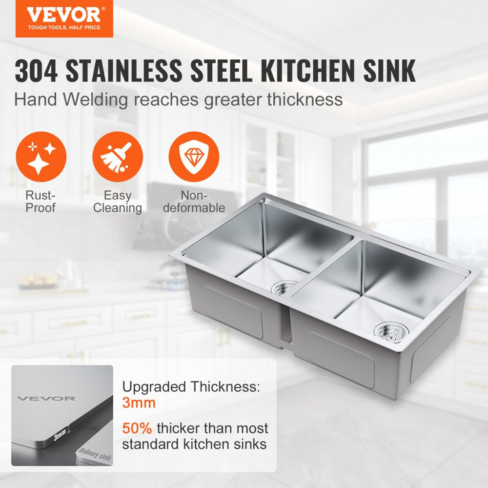 KM-SC-2302-SKU8 - 33" Double Bowl Stainless Steel Kitchen Sink with Versatile Installation