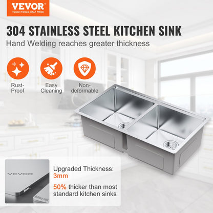 KM-SC-2302-SKU8 - 33" Double Bowl Stainless Steel Kitchen Sink with Versatile Installation