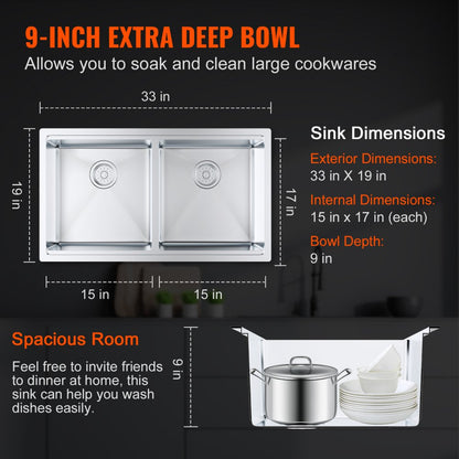 KM-SC-2302-SKU8 - 33" Double Bowl Stainless Steel Kitchen Sink with Versatile Installation