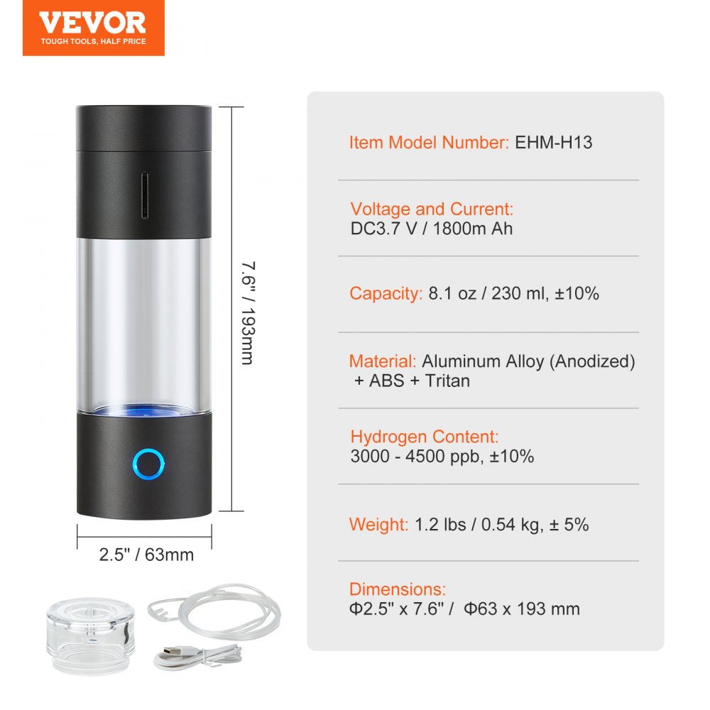 EHM-H13 - Portable Hydrogen Water Bottle Generator, 230ml with Self-Cleaning Feature
