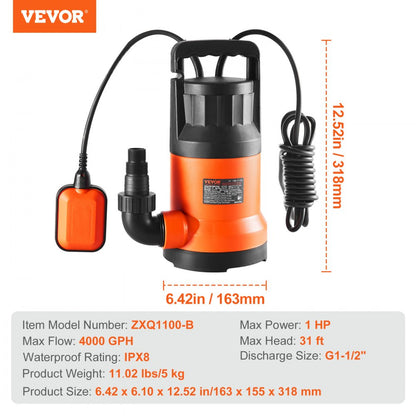 ZXQ1100-B - 1 HP Submersible Pump, 4000 GPH for Fast Water Removal