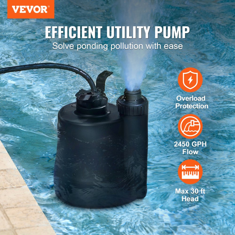 ZX30056 - 1/3 HP VEVOR Utility Pump, 2450 GPH, Submersible Design