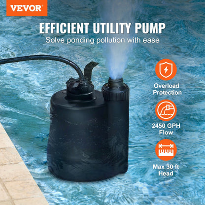 ZX30056 - 1/3 HP VEVOR Utility Pump, 2450 GPH, Submersible Design
