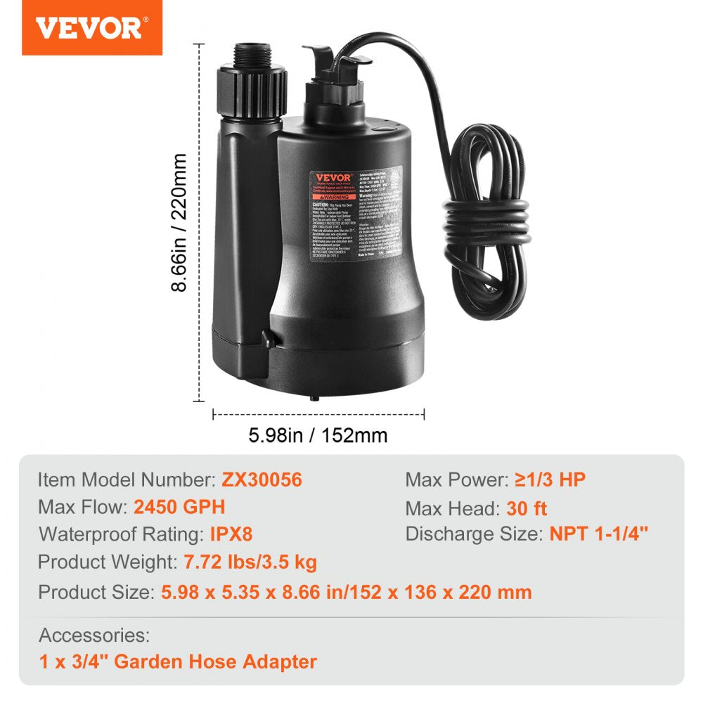 ZX30056 - 1/3 HP VEVOR Utility Pump, 2450 GPH, Submersible Design