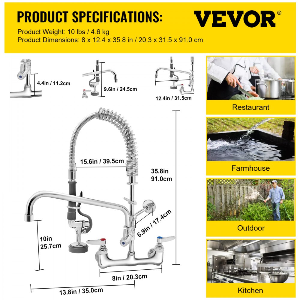 5805A-08 - 36" Commercial Brass Faucet with 12" Swivel Spout & Sprayer