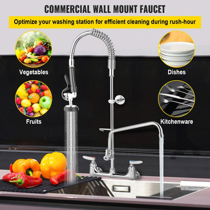 3803A-12 - 8" Wall-Mount Faucet with 12" Swivel Spout & Pre-Rinse Spray