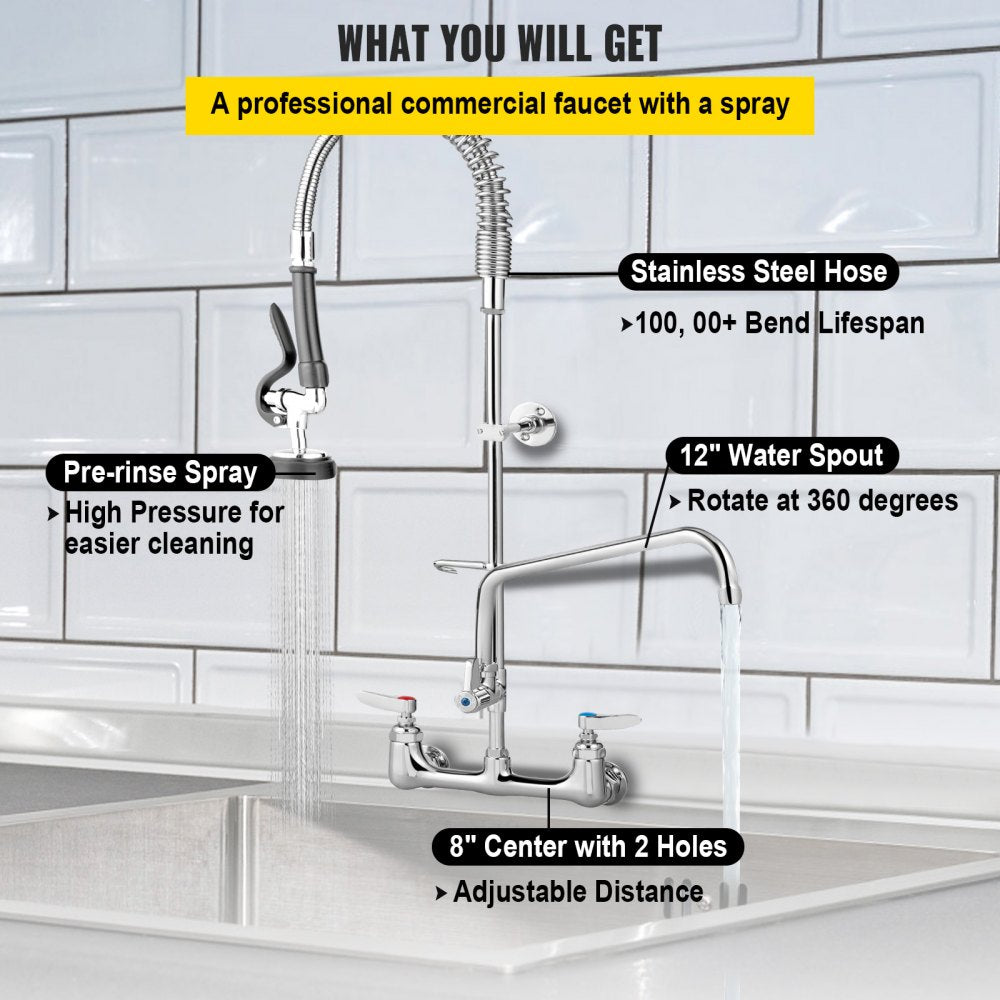 3803A-12 - 8" Wall-Mount Faucet with 12" Swivel Spout & Pre-Rinse Spray