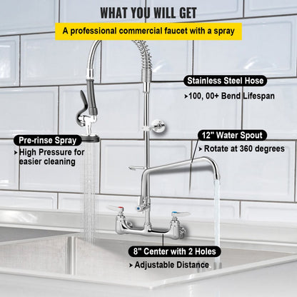 3803A-12 - 8" Wall-Mount Faucet with 12" Swivel Spout & Pre-Rinse Spray