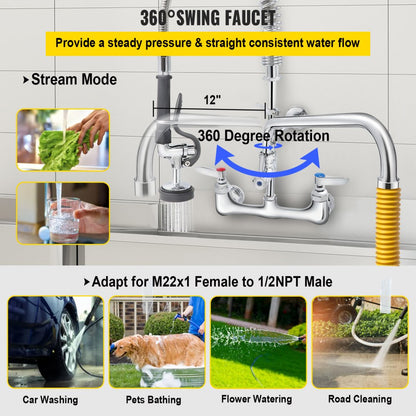 3803A-12 - 8" Wall-Mount Faucet with 12" Swivel Spout & Pre-Rinse Spray