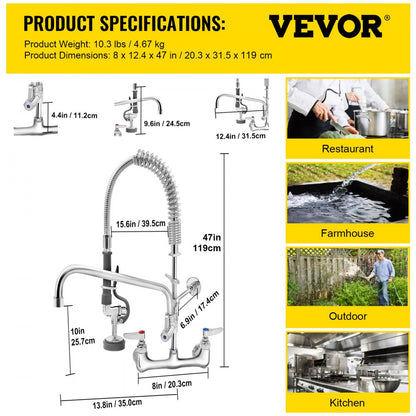 3803A-12 - 8" Wall-Mount Faucet with 12" Swivel Spout & Pre-Rinse Spray
