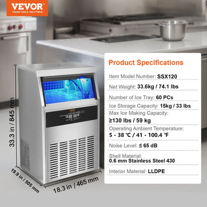 SSX120 - VEVOR 60-Cube Stainless Steel Ice Maker with Self-Cleaning Function