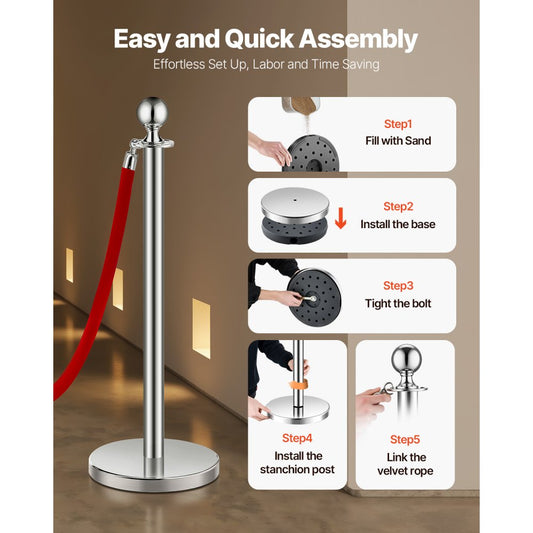 BXGDYQ320PDTC6-3 - Durable Stainless Steel Stanchions with Velvet Ropes, 4.92 ft