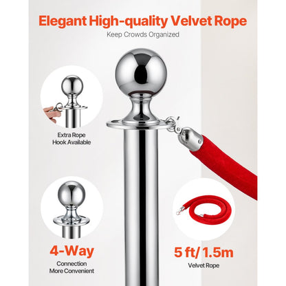 BXGDYQ320PDTC6-3 - Durable Stainless Steel Stanchions with Velvet Ropes, 4.92 ft