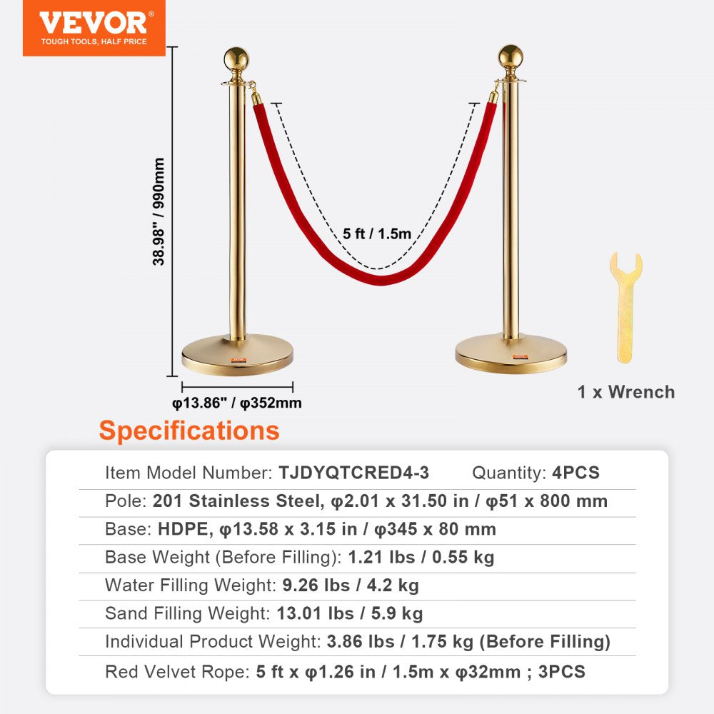 TJDYQTCRED4-3 - Durable 201 Stainless Steel Stanchion Post Set with Velvet Rope