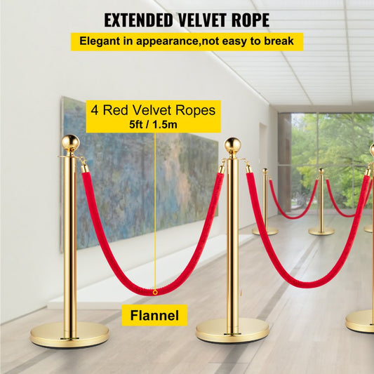 Gold Stanchions 6Pcs - Durable Stainless Steel Queue Posts with Velvet Ropes