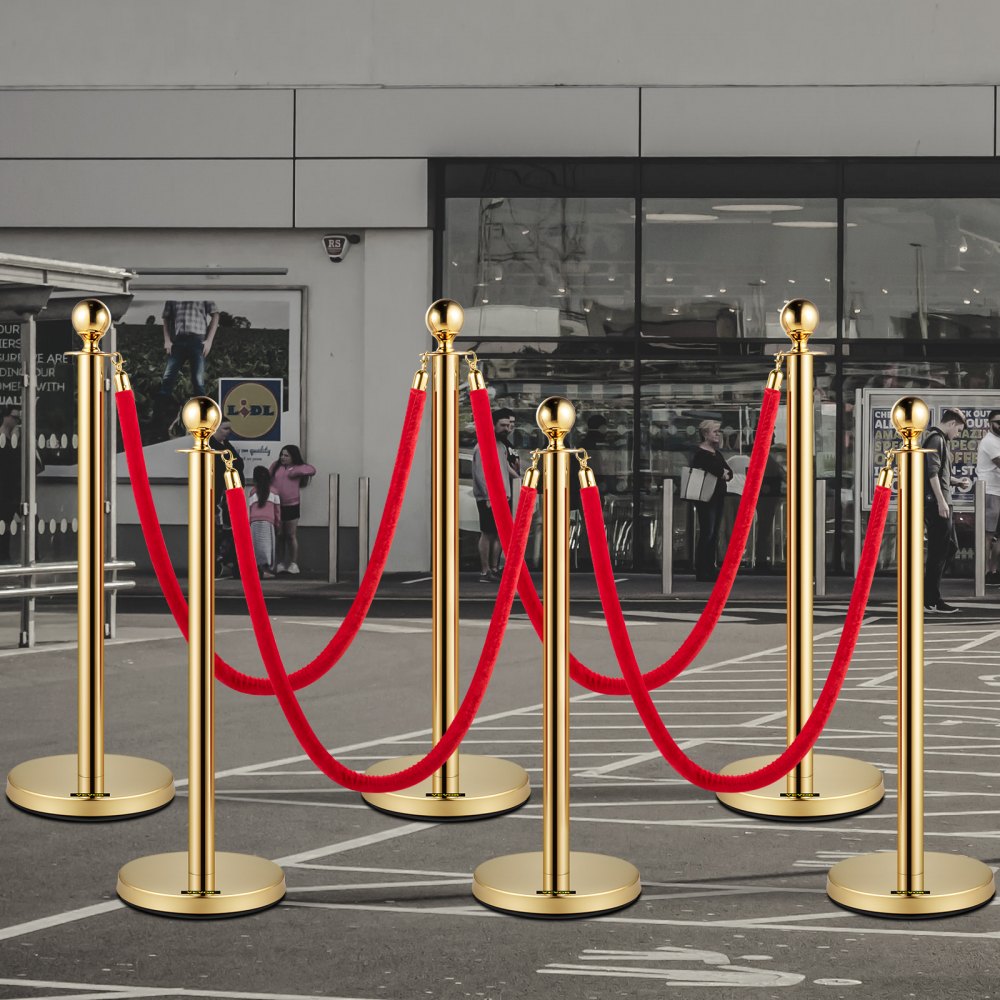Gold Stanchions 6Pcs - Durable Stainless Steel Queue Posts with Velvet Ropes