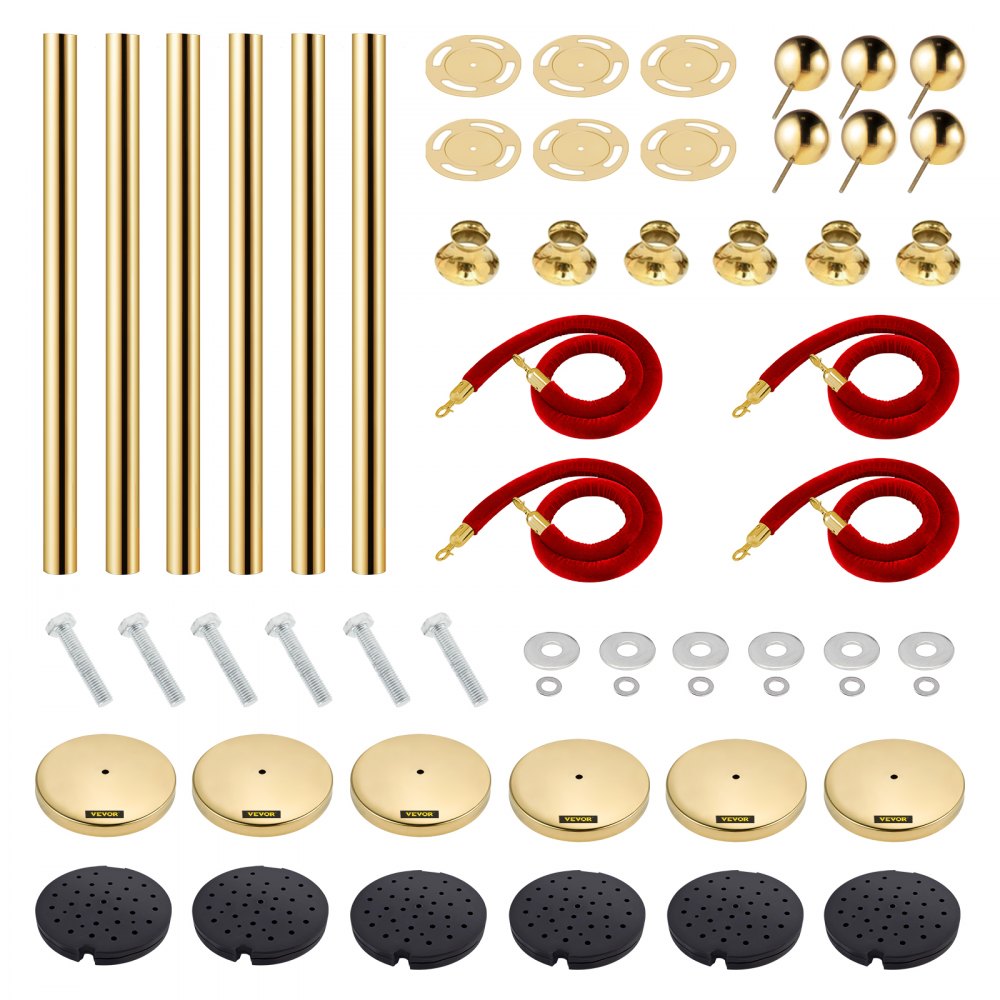 Gold Stanchions 6Pcs - Durable Stainless Steel Queue Posts with Velvet Ropes