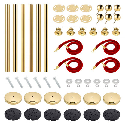 Gold Stanchions 6Pcs - Durable Stainless Steel Queue Posts with Velvet Ropes