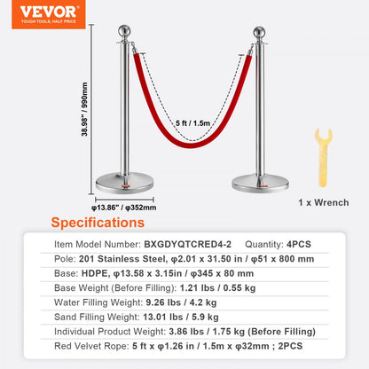 BXGDYQTCRED4-2 - 31.5" Stainless Steel Stanchion with 5ft Velvet Rope