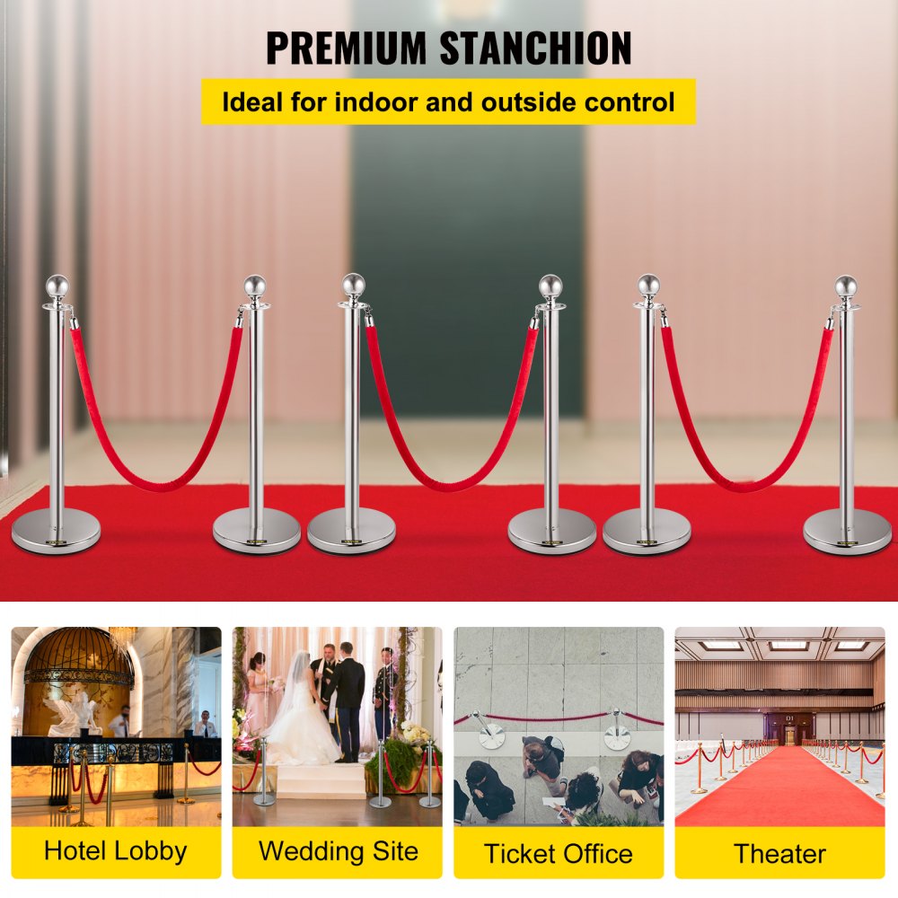 Sliver Stanchions 6Pcs - Durable Stainless Steel Queue Posts with Velvet Ropes