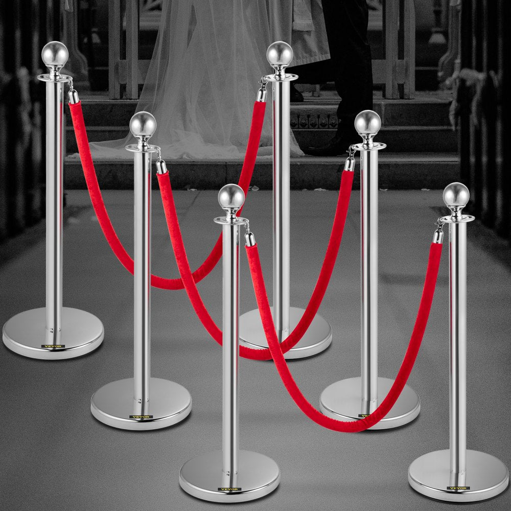 Sliver Stanchions 6Pcs - Durable Stainless Steel Queue Posts with Velvet Ropes