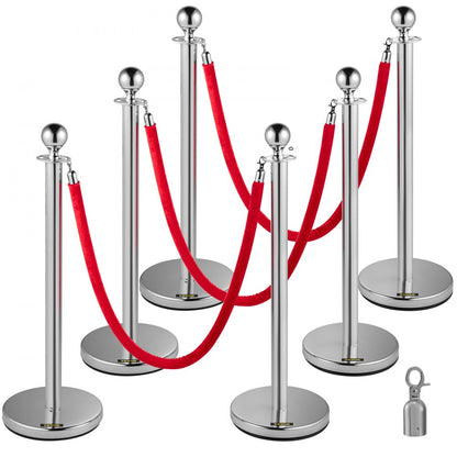 Sliver Stanchions 6Pcs - Durable Stainless Steel Queue Posts with Velvet Ropes