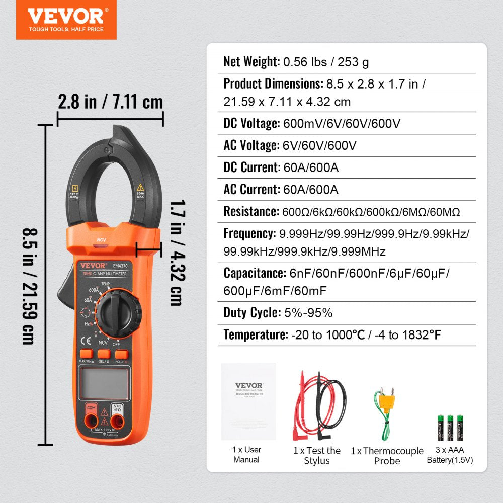 EM4370 - Versatile VEVOR Digital Clamp Meter for Accurate DC/AC Measurements