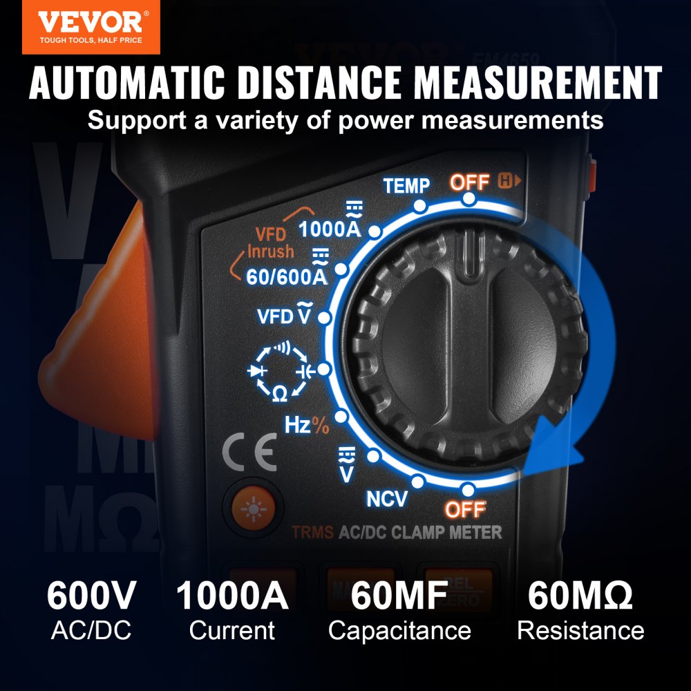 EM4659A - VEVOR 6000 Counts Digital Clamp Meter, 1000A Capacity