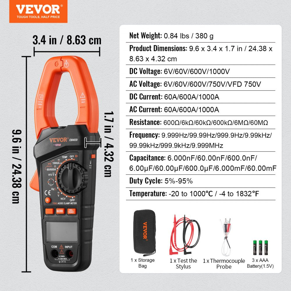 EM4659A - VEVOR 6000 Counts Digital Clamp Meter, 1000A Capacity
