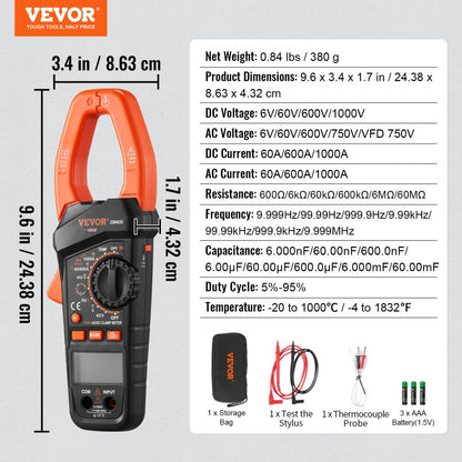 EM4659A - VEVOR 6000 Counts Digital Clamp Meter, 1000A Capacity