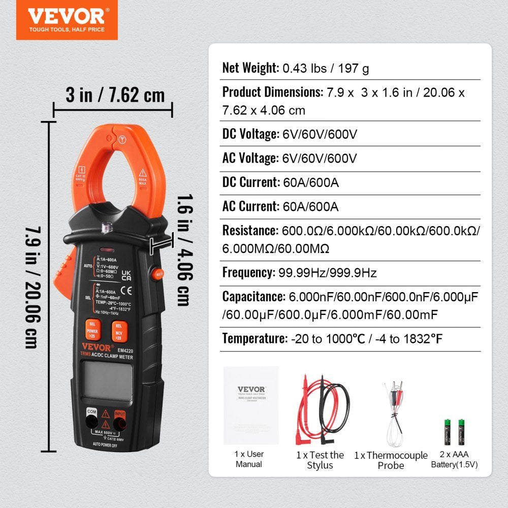 EM4220 - VEVOR 600A Digital Clamp Meter for Precise Electrical Measurements