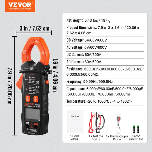 EM4220 - VEVOR 600A Digital Clamp Meter for Precise Electrical Measurements