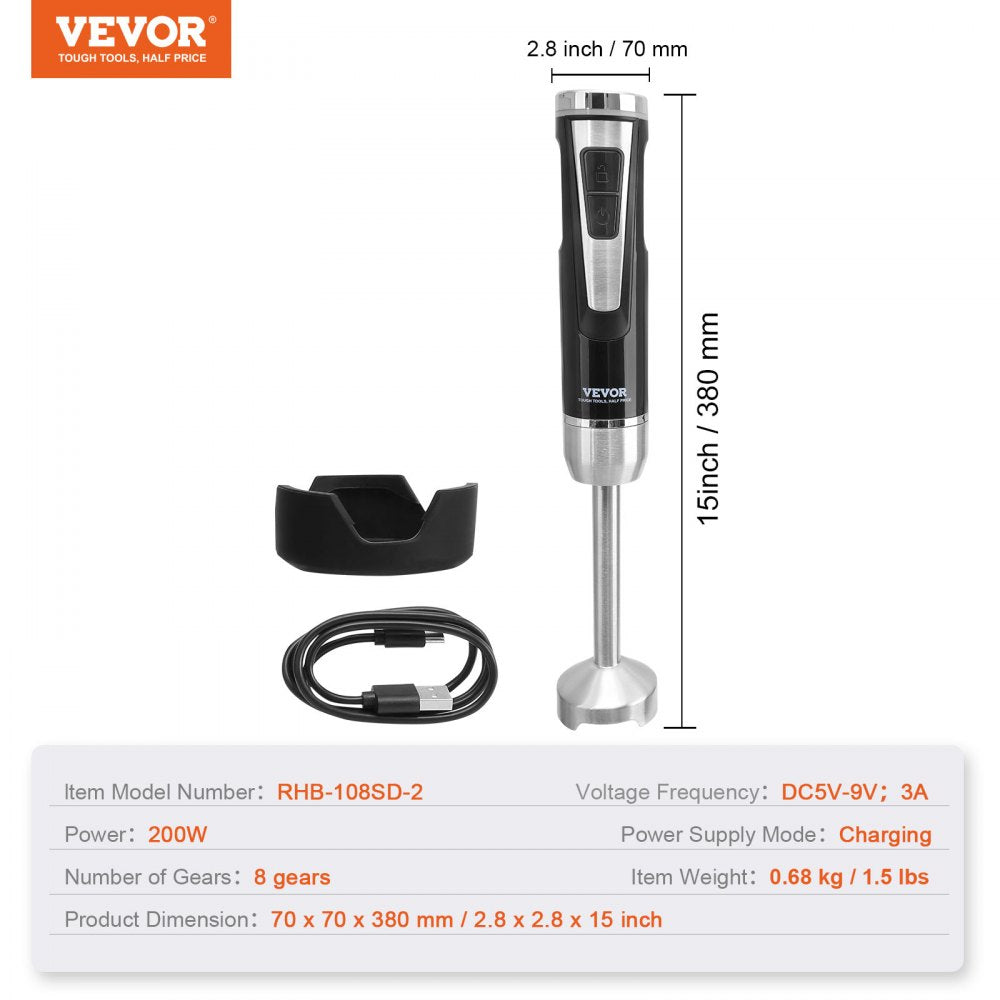 RHB-108SD-2 - 200W Immersion Blender, 8 Speed, USB Charging, Lightweight Design