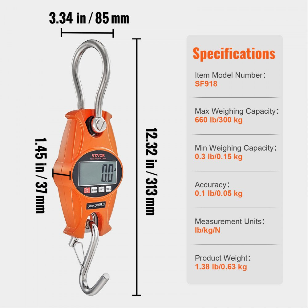 SF918 - Compact 660 lbs Digital Crane Scale with LCD & Anti-Drop Hook