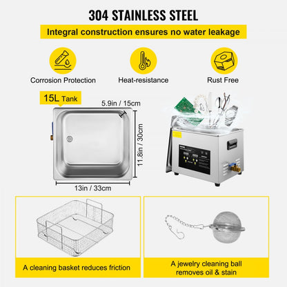 010923845384 - VEVOR 15L Ultrasonic Cleaner with 40kHz Wave & Timer