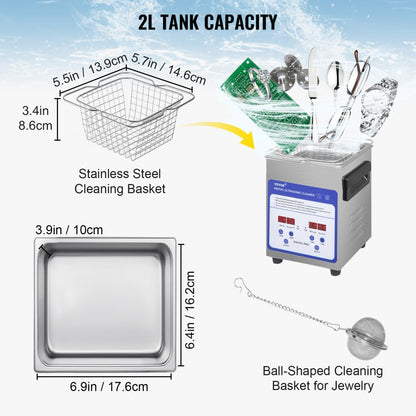 TH-010A - VEVOR 2L Ultrasonic Cleaner with Heating & 40kHz Frequency
