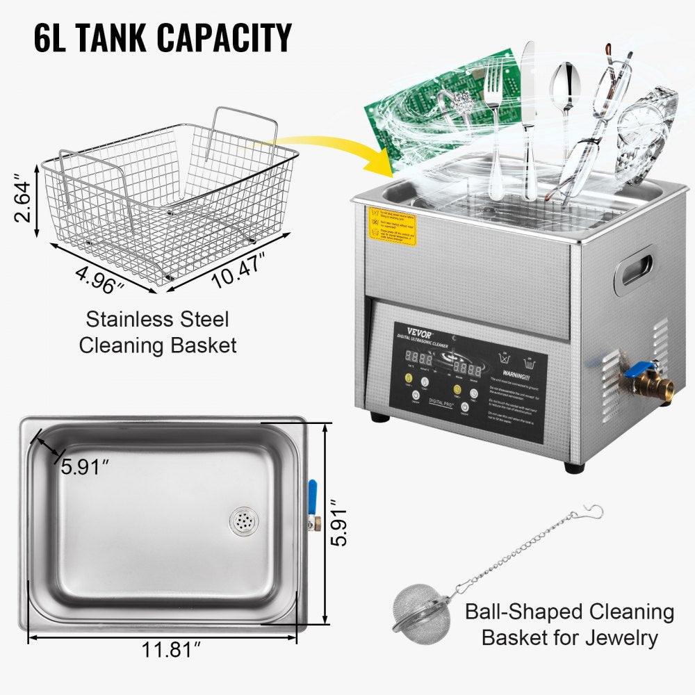 010703075178 - Commercial 6L Stainless Steel Ultrasonic Cleaner with Heating & Timer